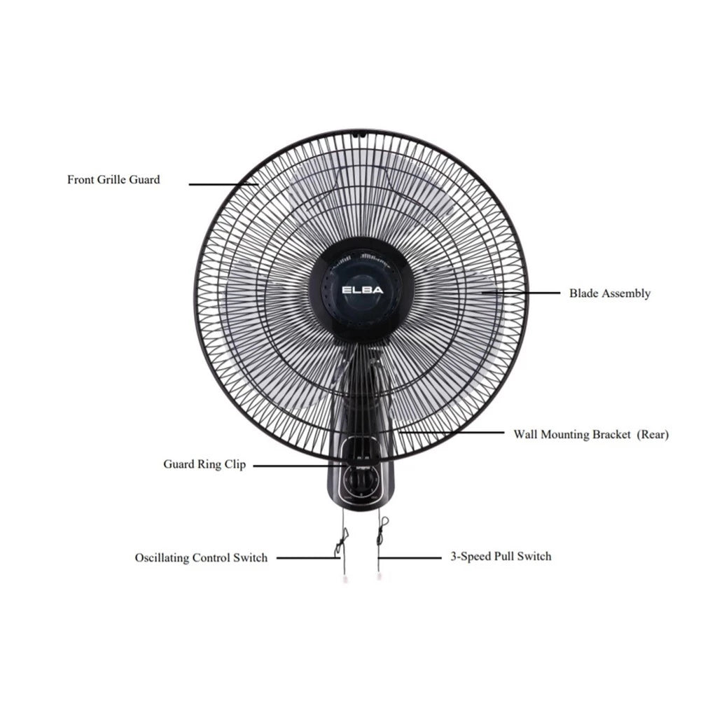 ELBA 18" Industrial Wall Fan EWMF-G1862(BK) | 5 ABS Blades | 3-speed Settings | Black | 18 inches | 80W