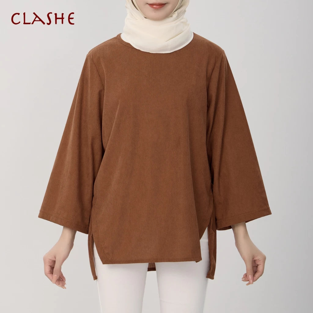 Clashe Blouse CORDUROY Women Split Hem Solid Color Baju Kemeja Wanita Long Sleeved Simple Loose Perempuan Style Tops