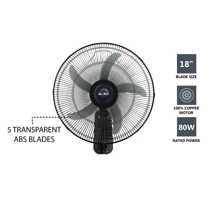 ELBA 18" Industrial Wall Fan EWMF-G1862(BK) | 5 ABS Blades | 3-speed Settings | Black | 18 inches | 80W