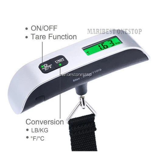 Digital Electronic LCD Luggage Scale Pocket Weighing Scales Thermometer 50kg