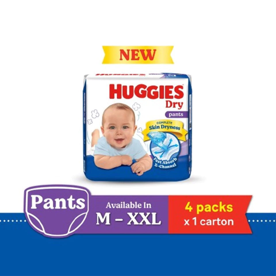 [Bundle of 4] Huggies Dry Pants Diapers M58/L48/XL40/XXL34 - Fastest Absorbing Baby Diaper